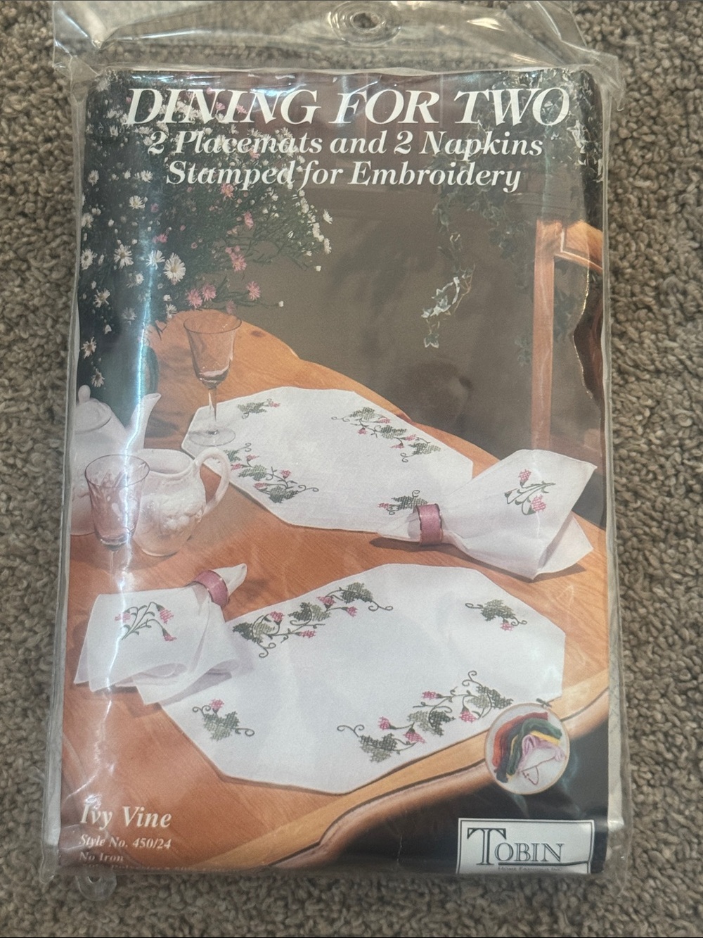 Tobi White Placemat and Napkin Set with Pink & Green Ivy Embroidery